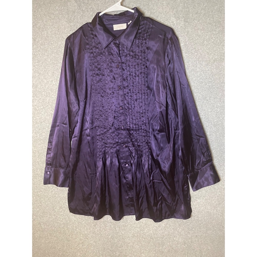 Chicos Tunic Top Purple Satin Size‎ 2 Large Pin Tuck Long Sleeve Button Up